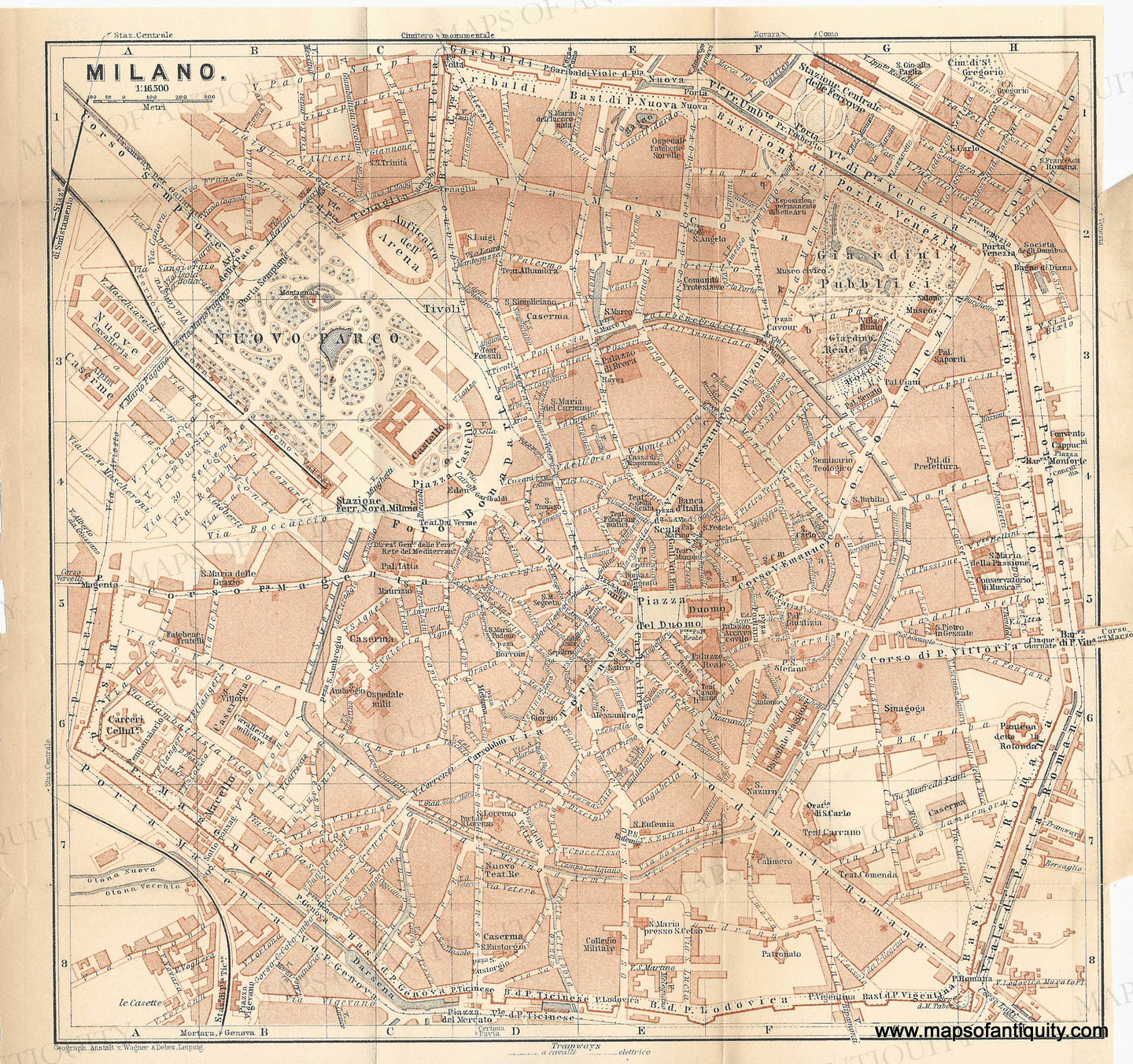 Antique map of Milan with detailed street layout and labeled areas. Original color in muted orange.