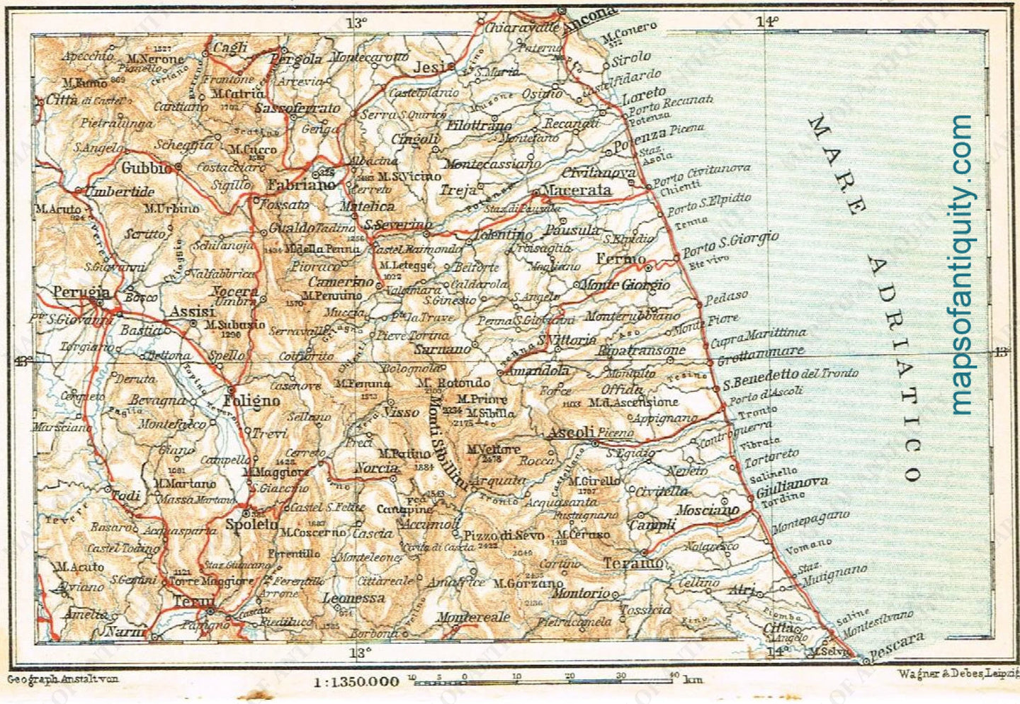 Printed-Color-Antique-Map-Eastern-coast-of-Italy-Europe-Italy-1886-Baedeker-Maps-Of-Antiquity