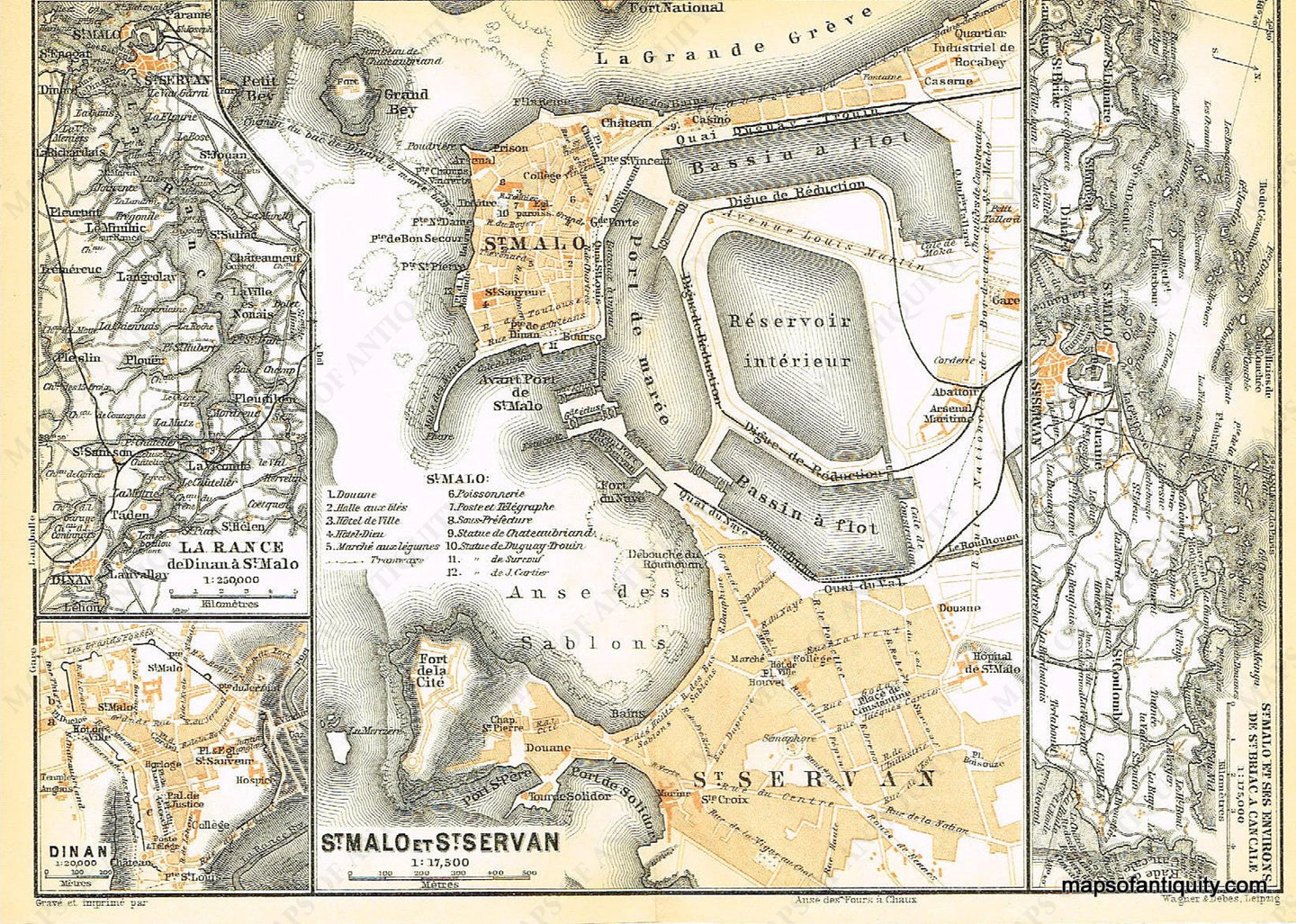 Printed-Color-Antique-Map-St.-Malo-et-St.-Servan-France-Europe-France-1909-Baedeker-Maps-Of-Antiquity