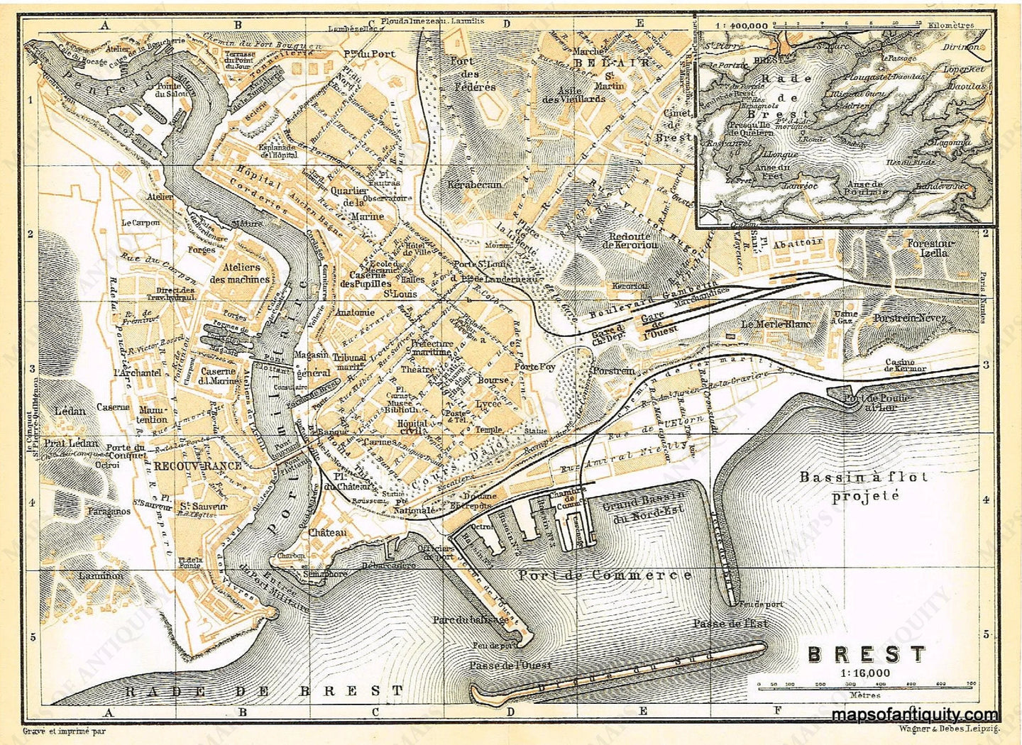 Printed-Color-Antique-Map-Brest-France-Europe-France-1909-Baedeker-Maps-Of-Antiquity