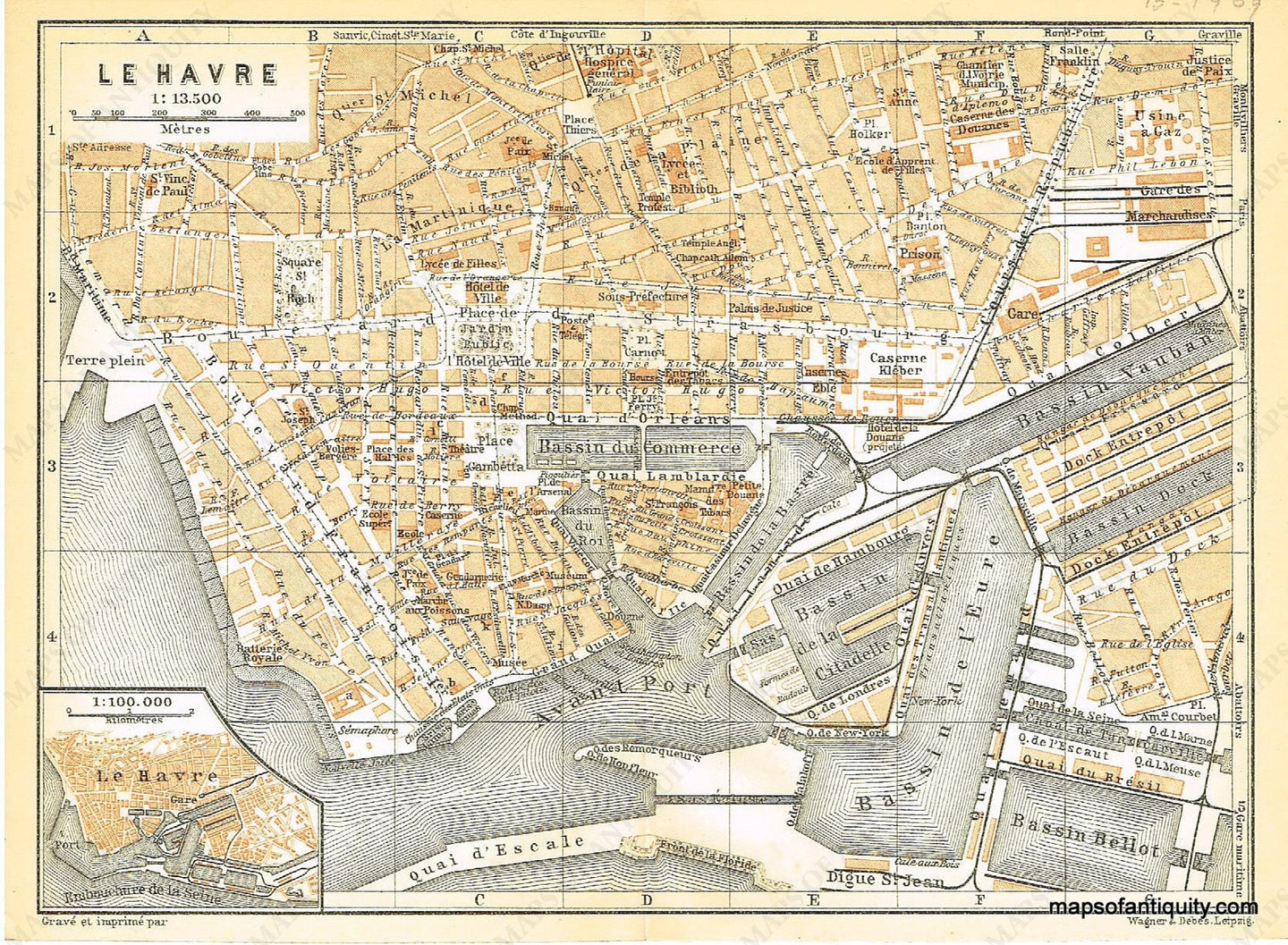 Printed-Color-Antique-Map-Le-Havre-France-Europe-France-1909-Baedeker-Maps-Of-Antiquity