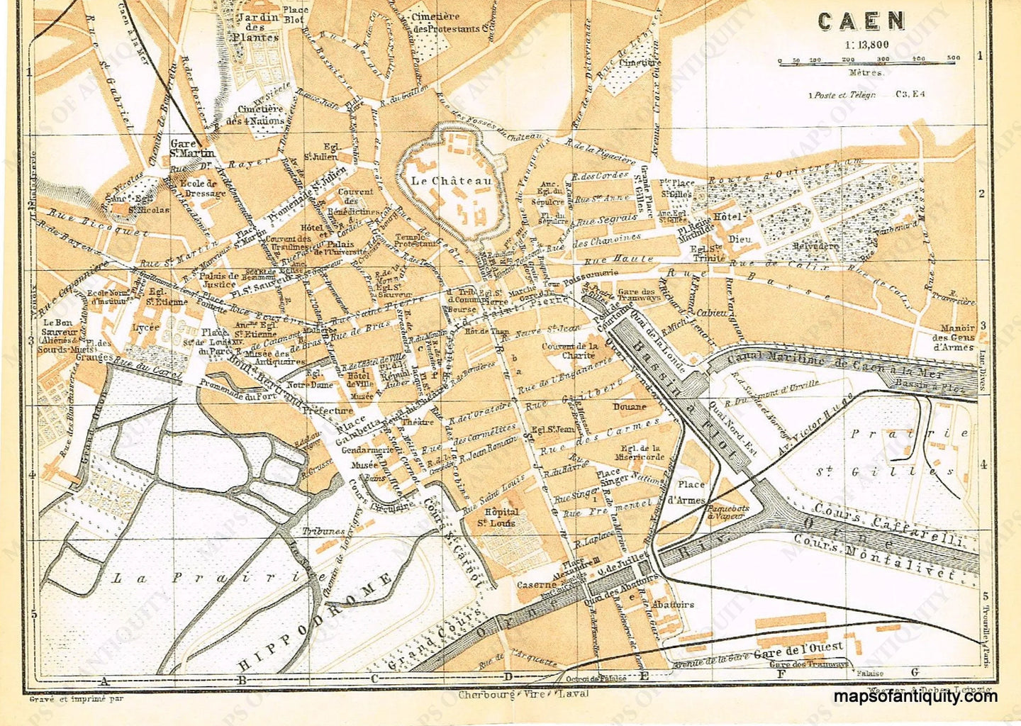 Printed-Color-Antique-Map-Caen-France-Europe-France-1909-Baedeker-Maps-Of-Antiquity