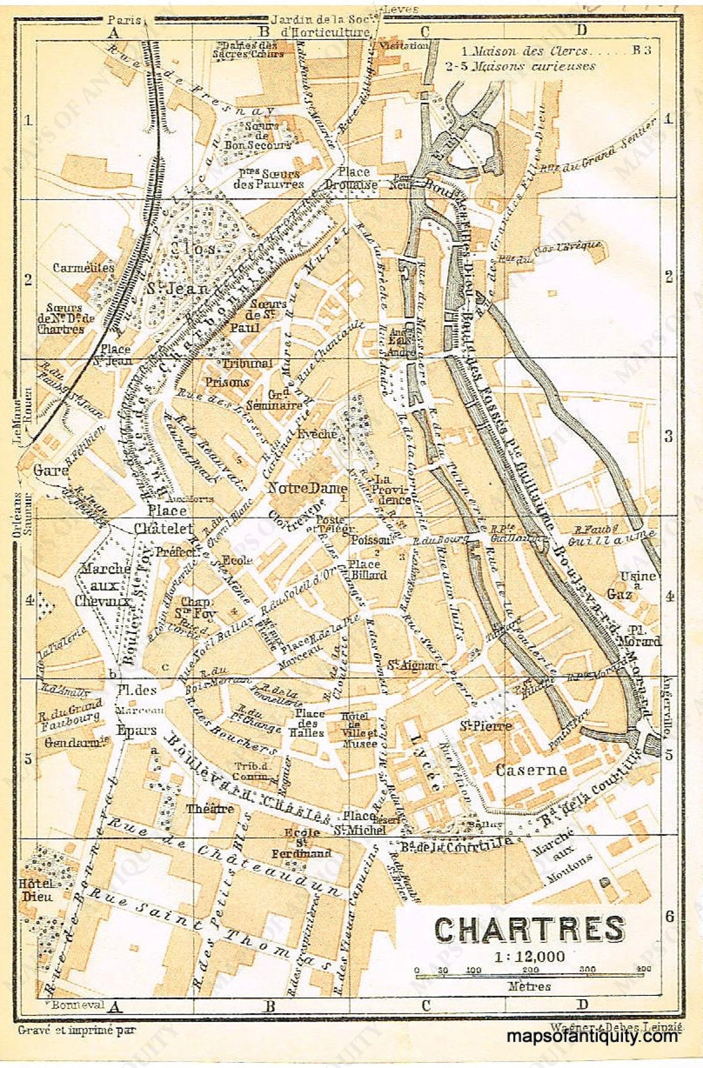 Printed-Color-Antique-Map-Chartes-France-Europe-France-1909-Baedeker-Maps-Of-Antiquity