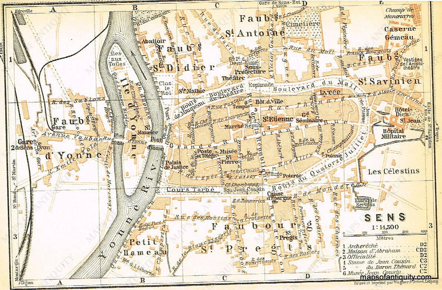 Printed-Color-Antique-Map-Sens-France-Europe-France-1909-Baedeker-Maps-Of-Antiquity