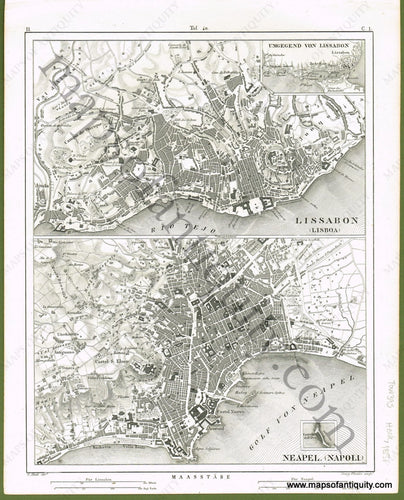 Antique-Black-and-White-Map-Lissabon-(Lisboa)-and-Neapel-(Napoli)-Europe-European-Cities-Spain-&-Portugal-Italy-Other-Cities-1851-Heck-Maps-Of-Antiquity