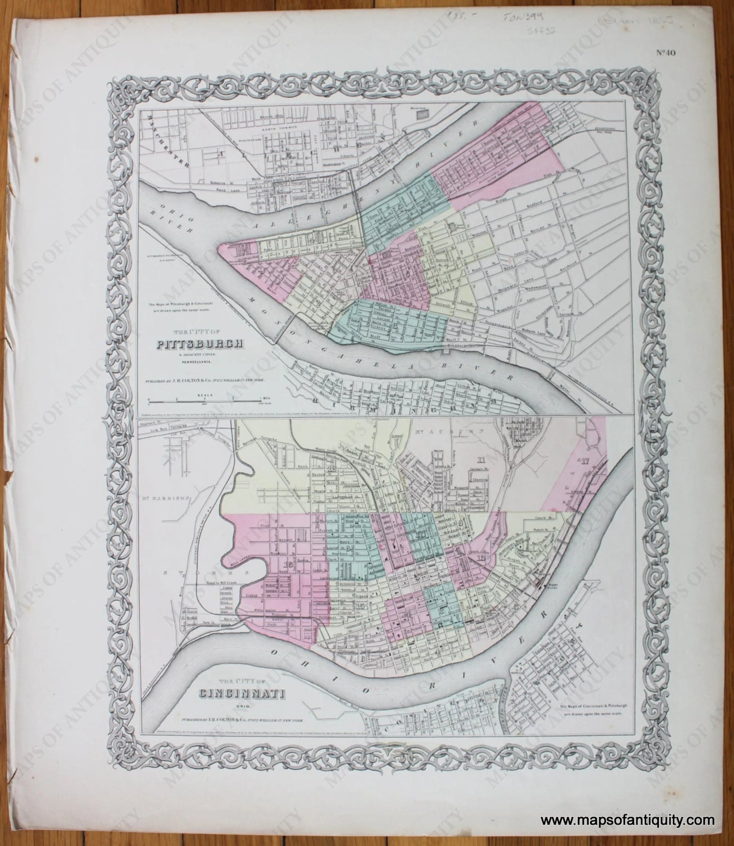 Antique-Hand-Colored-Map-The-City-of-Pittsburgh-&-Adjacent-Cities.-The-City-of-Cincinnati-Ohio.-Towns-and-Cities-Pittsburgh-c.-1855-Colton-Maps-Of-Antiquity