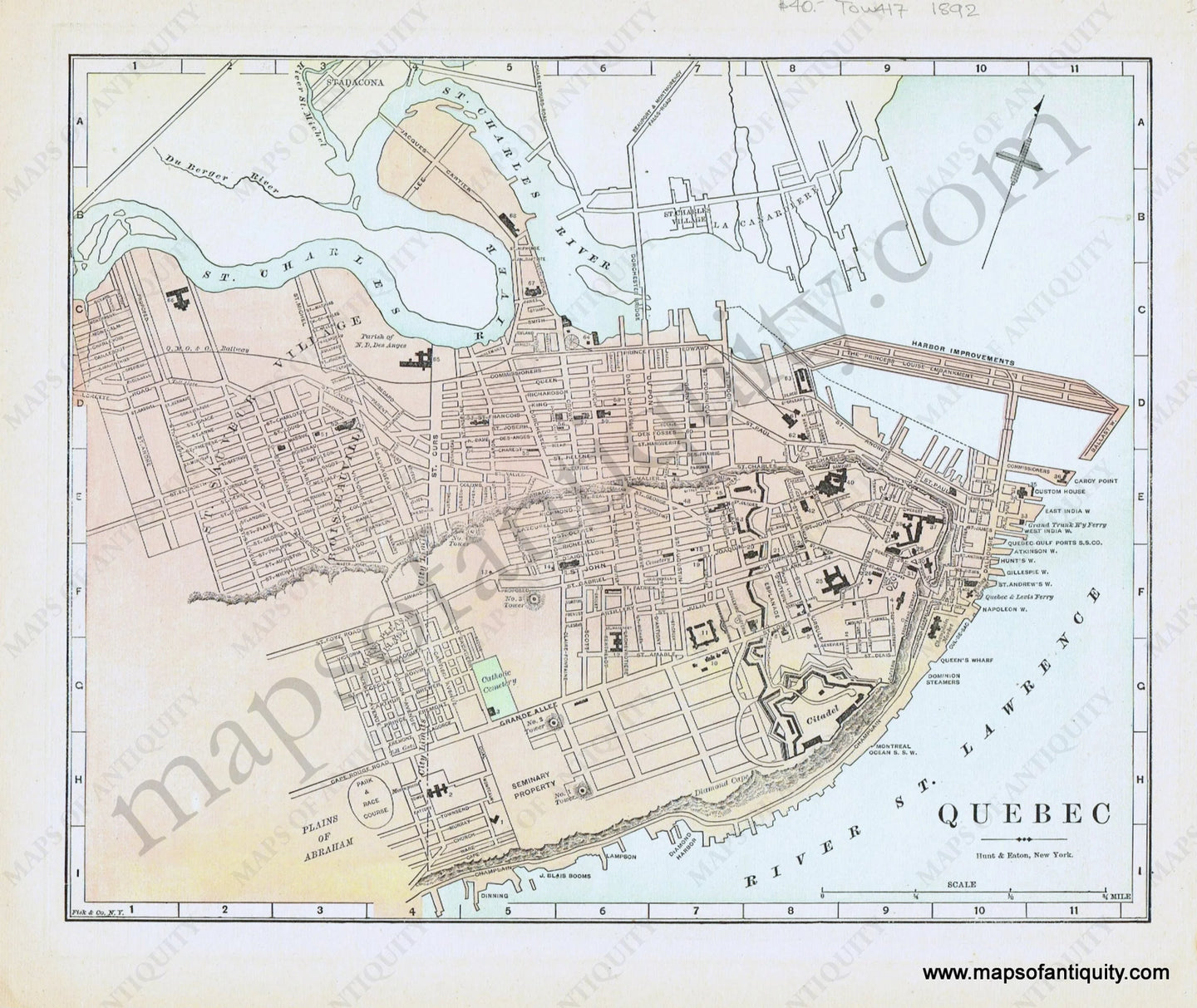 Antique-Printed-Color-Map-Quebec-**********-North-America-Towns-&-City-Maps-and-Views-Canada-Other-Cities-1892-Hunt-&-Eaton-Maps-Of-Antiquity