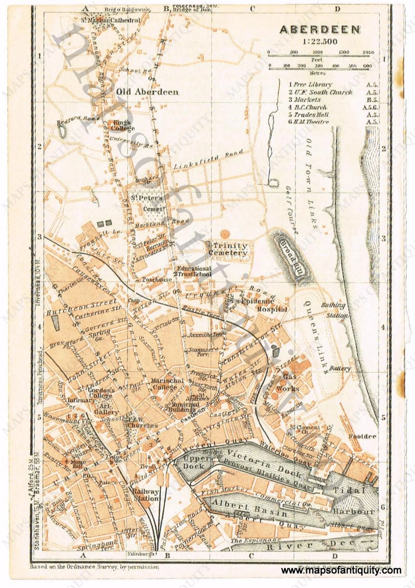 Antique-Map-City-Aberdeen-Scotland-Scottish-Baedeker-1927-1920s-1900s-Early-20th-Century-Maps-of-Antiquity