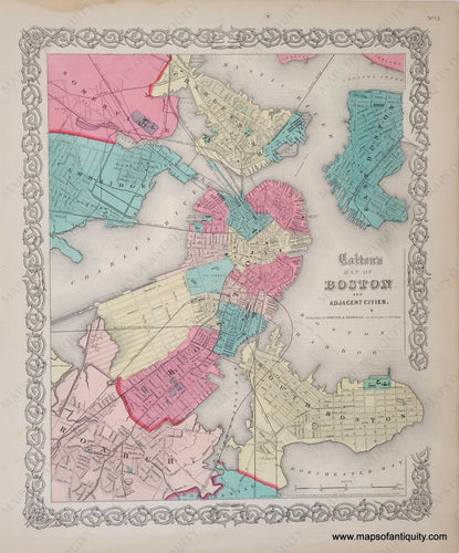 1860 - Map Of Boston And Adjacent Cities. Antique Genuine Hand-Colored