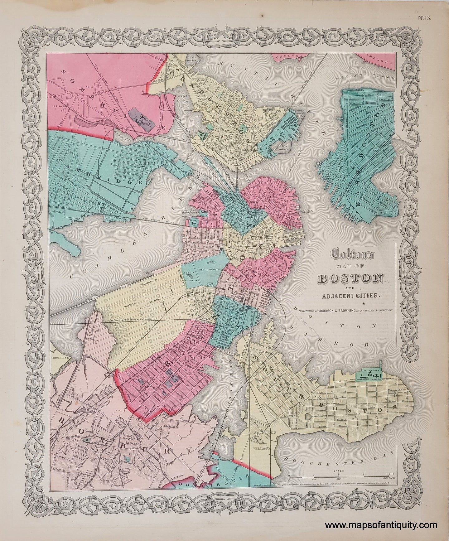 1860 - Map of Boston and Adjacent Cities. - Antique Map