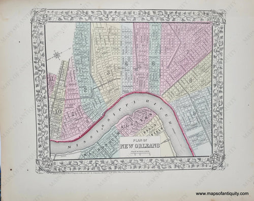 1868 - Plan Of New Orleans Antique Map Genuine Hand-Colored