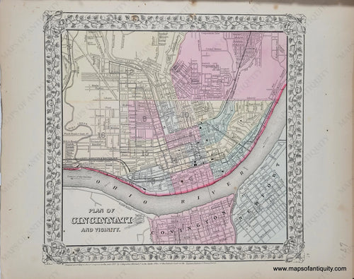 1868 - Plan Of Cincinnati And Vicinity. Antique Map Genuine Hand-Colored