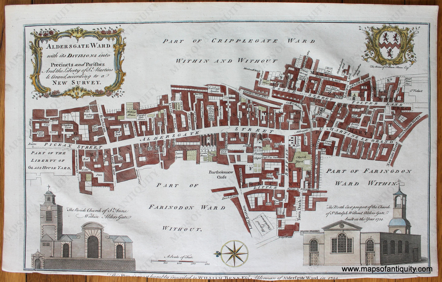 Antique-Map-London-England-Maitland-Cole-Aldersgate-Ward-William-Calvert-1756-1750s-1700s-Early-Mid-18th-Century-Maps-of-Antiquity