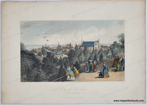 Beautifully hand-colored in tones of red, blue, yellow, green, and brown. Antique-Print-Prints-City-of-Cleveland-Ohio-from-Reservoir-Walk-1872-Appleton-William-Cullen-Bryant-Picturesque-America-1800s-19th-century-maps-of-Antiquity