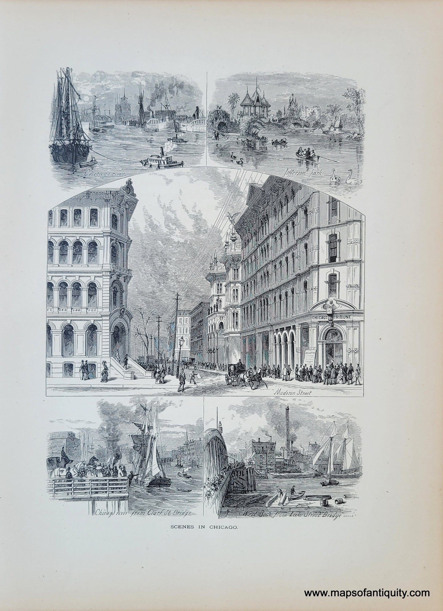 1872 - Scenes in Chicago - Antique Print