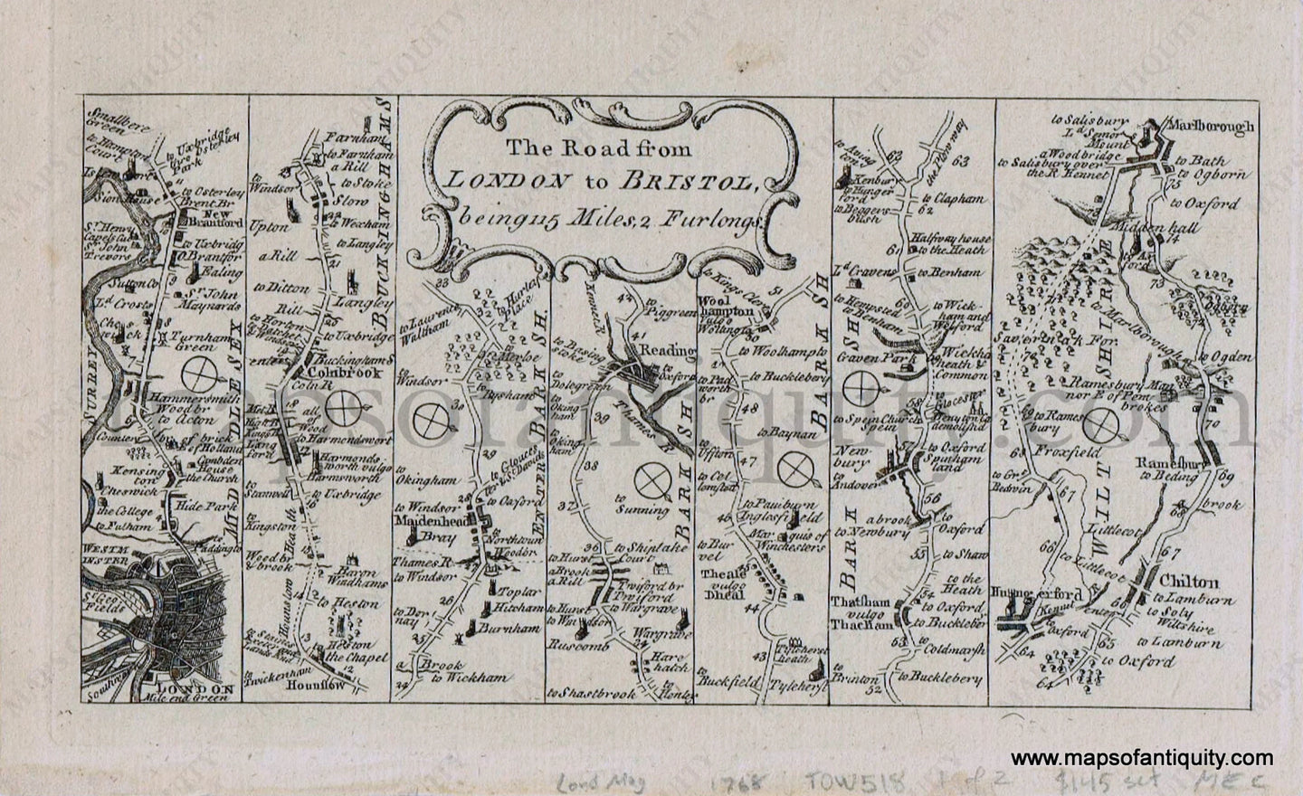 Antique-Black-and-White-Map-The-Road-from-London-to-Bristol-being-115-Miles-2-furlongs-c.-1767-London-Magazine-England-London-1700s-18th-century-Maps-of-Antiquity