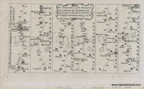 Antique-Black-and-White-Map-Part-of-The-Road-from-London-to-Barwick-beginning-at-Chester-in-the-Street-Chester-Le-Street-&-ending-at-Barwick-being-70.5-miles.-c.-1767-London-Magazine-England-1700s-18th-century-Maps-of-Antiquity