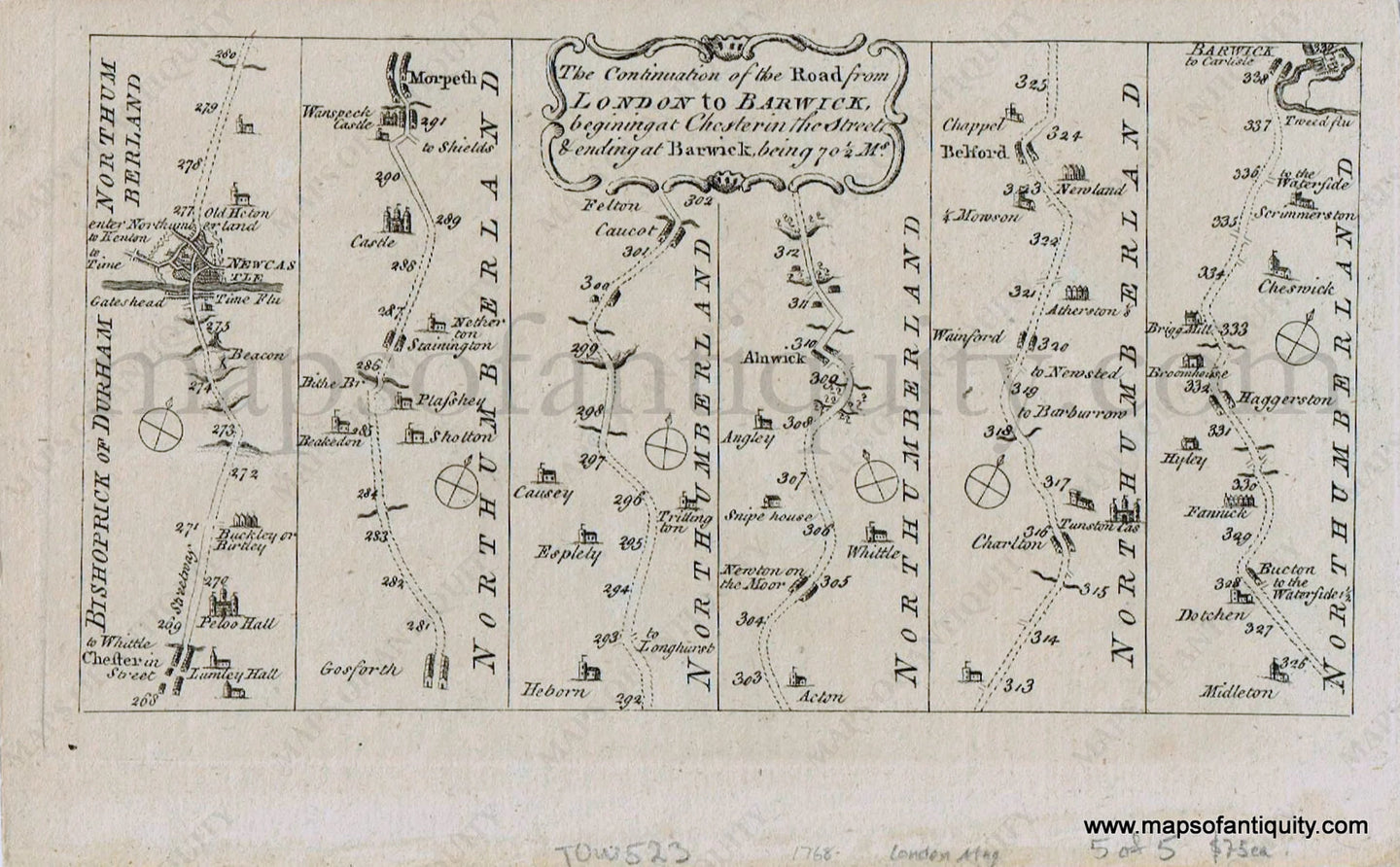 Antique-Black-and-White-Map-Part-of-The-Road-from-London-to-Barwick-beginning-at-Chester-in-the-Street-Chester-Le-Street-&-ending-at-Barwick-being-70.5-miles.-c.-1767-London-Magazine-England-1700s-18th-century-Maps-of-Antiquity