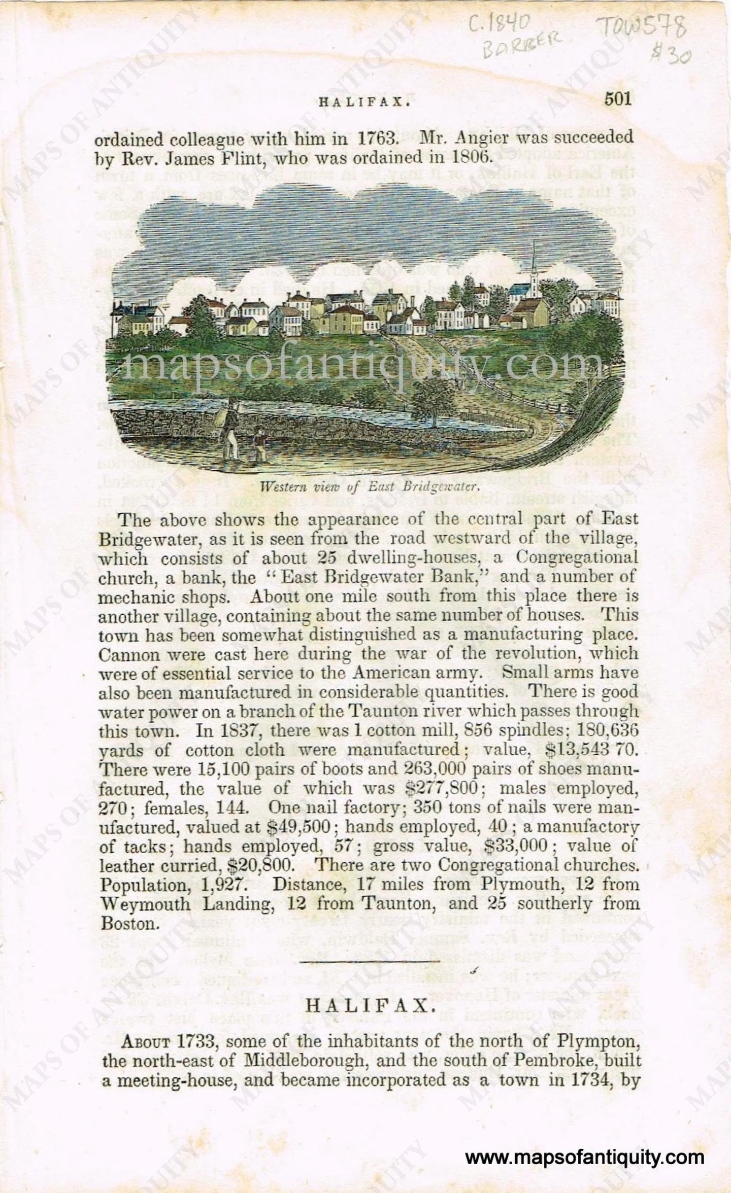 Hand-Colored-Antique-Illustration-Western-View-of-East-Bridgewater-Massachusetts-c.-1840-Barber-East-Bridgewater-1800s-19th-century-Maps-of-Antiquity