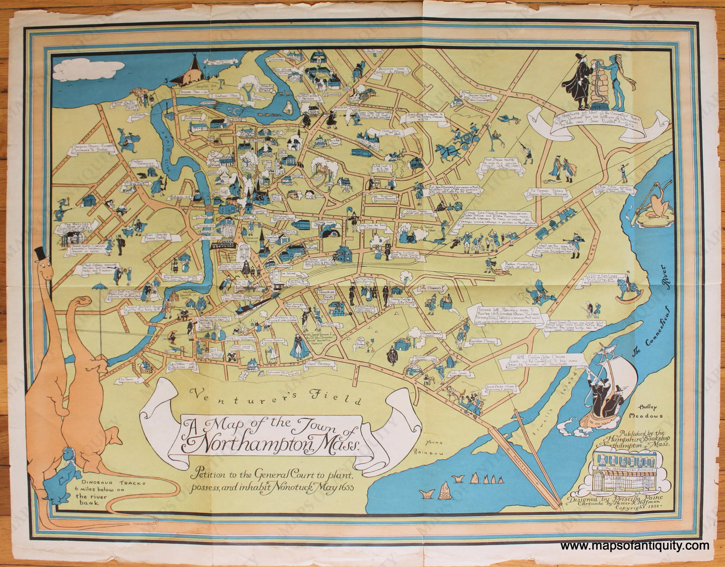 Antique-Printed-Color-Pictorial-Folding-Map-A-Map-of-the-Town-of-Northampton-Mass.-1934-Priscilla-Paine-Massachusetts-Northampton-1800s-19th-century-Maps-of-Antiquity