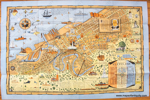 Antique-Printed-Color-Pictorial-Map-The-Heart-of-Cleveland-Forest-City-Ohio-1928-Arthur-Suchy/-Du-Bois-Press-Other-1920s-1900s-20th-century-Maps-of-Antiquity