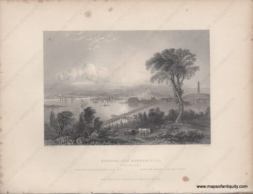 1839 - Boston And Bunker Hill (From The East) Antique Black & White Print Genuine Illustration