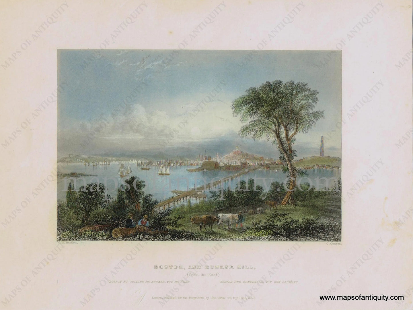 Hand-Colored-Antique-Illustration-Boston-and-Bunker-Hill-(From-the-East)-c.-1839-Bartlett-Massachusetts-Boston-City-Views-1800s-19th-century-Maps-of-Antiquity