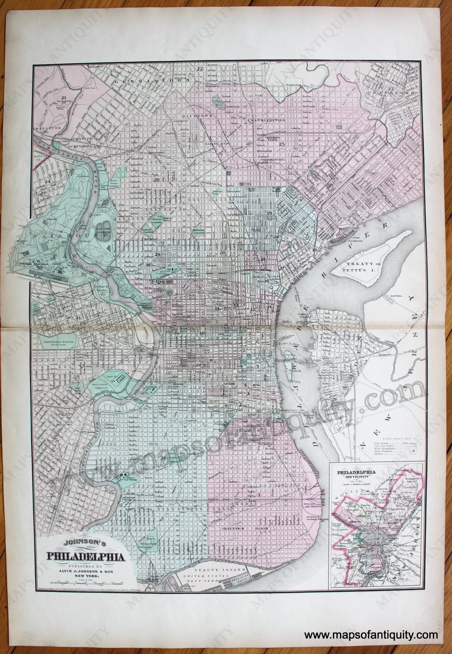 Antique-Hand-Colored-Map-Johnson's-Philadelphia-1880-Alvin-J.-Johnson-&-Son-Mid-Atlantic-1800s-19th-century-Maps-of-Antiquity