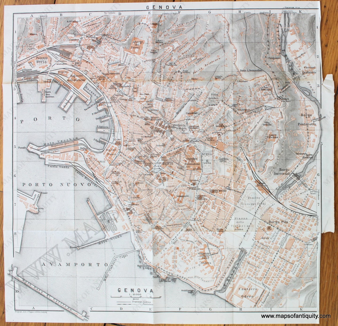 Antique-Printed-Color-Map-Genoa,-Italy-Genoa-Genova-c.-1886-Baedeker-Italy-1800s-19th-century-Maps-of-Antiquity