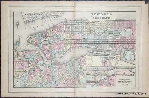 Antique Map of New York and Brooklyn with colors of yellow, green, blue, pink. orange. Antique-Hand-Colored-Map-New-York-and-Brooklyn-Antique-Towns-&-City-Maps-and-Views-New-York-1885-Mitchell-Maps-Of-Antiquity-1800s-19th-century