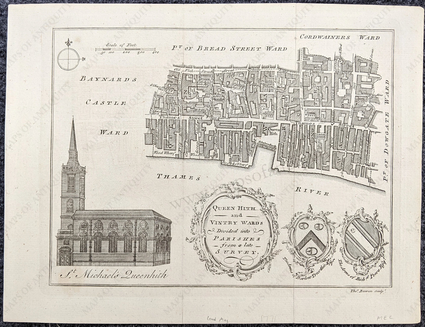 Engraved-Genuine-Antique-City-Plan-Queen-Hith-and-Vintry-Wards-Divided-into-Parishes-from-a-late-Survey-Towns-and-Cities-United-Kingdom-1771-London-Magazine-Maps-Of-Antiquity-1800s-19th-century