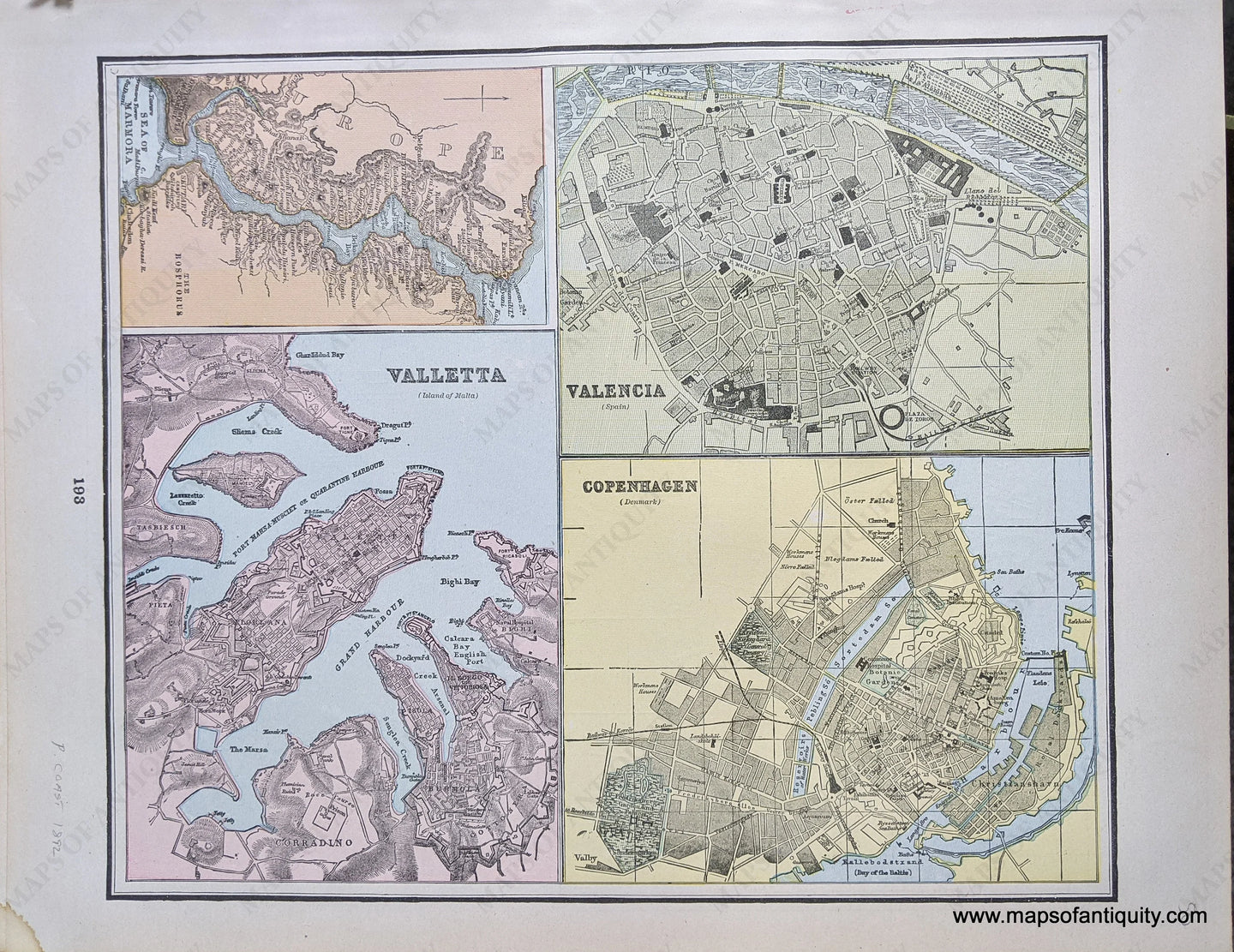 Genuine-Antique-Printed-Color-Comparative-Chart-Valencia-Copenhagen-Valletta-the-Bosphorus;-verso:-Marseilles-Nice-and-Corsica-Towns-and-Cities--1892-Home-Library-&-Supply-Association-Maps-Of-Antiquity-1800s-19th-century