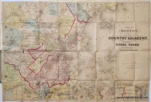 Genuine-Antique-Folding-Map-Map-of-Boston-and-the-Country-Adjacent,-showing-Rural-Parks-as-proposed-by-Ernest-W.-Bowditch-1875-A.-Williams-&-Co.-Maps-Of-Antiquity