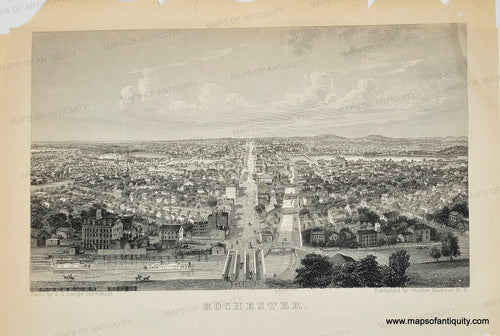 black and white view of the city from above. Genuine-Antique-Print-Rochester-1853-Magnus-Maps-Of-Antiquity