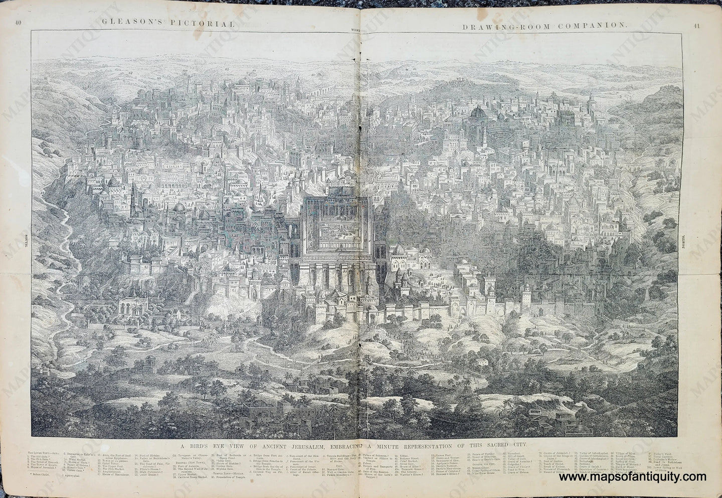 Antique-Uncolored-Print-Bird's eye view of ancient Jerusalem Panoramic-View-Holy-Land-Christ-Jesus-1853-Gleason's-Pictorial-Drawing-Room-Companion-Maps-Of-Antiquity