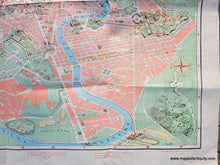 Load image into Gallery viewer, Colorful 1950s map of Rome showing some buildings as illustrations. Includes streets, points of interest, the River Tiber. With folds as issued.
