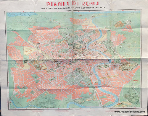 Colorful 1950s map of Rome showing some buildings as illustrations. Includes streets, points of interest, the River Tiber. With folds as issued.