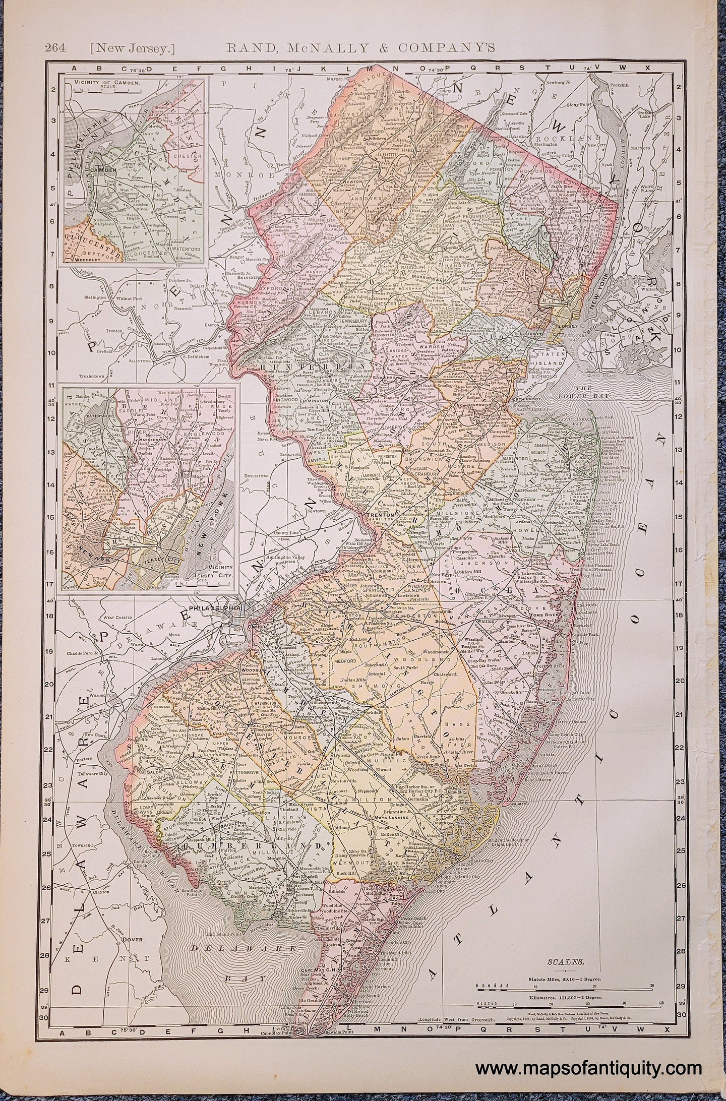 Antique map of New Jersey in vibrant antique colors of pastel yellow, orange, green, pink. Colored by county.