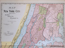 Load image into Gallery viewer, Antique map of Manhattan and surrounding area in colors of pink, light green for parks and cemeteries, light yellow for New Jersey, and light blue for water. Shows roads, railroads, some topography. 
