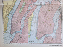 Load image into Gallery viewer, Antique map of Manhattan and surrounding area in colors of pink, light green for parks and cemeteries, light yellow for New Jersey, and light blue for water. Shows roads, railroads, some topography.
