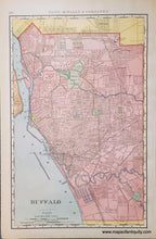 Load image into Gallery viewer, Antique map of Buffalo NY in colors of pink, light green for parks and cemeteries, light yellow for areas outside the city, and light blue for water. Shows roads, railroads, some topography.
