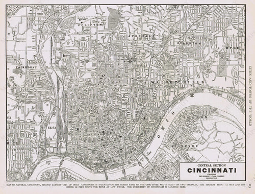 Genuine-Antique-Map-Central-Section-Cincinnati-Ohio--1940-Rand-McNally-Maps-Of-Antiquity