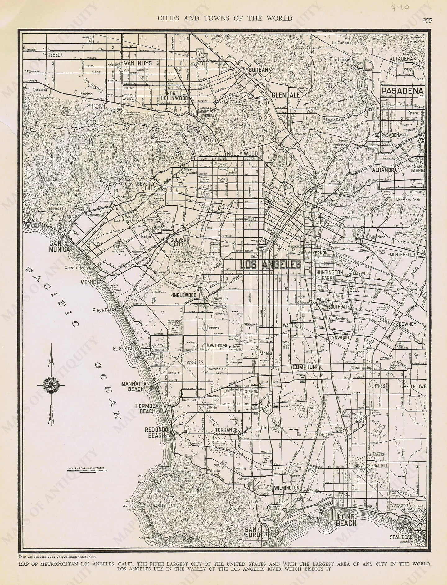 Genuine-Antique-Map-Los-Angeles-California--1940-Rand-McNally-Maps-Of-Antiquity