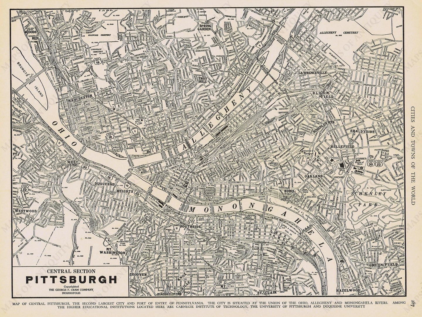 Genuine-Antique-Map-Central-Section-Pittsburgh-Pennsylvania--1940-Rand-McNally-Maps-Of-Antiquity