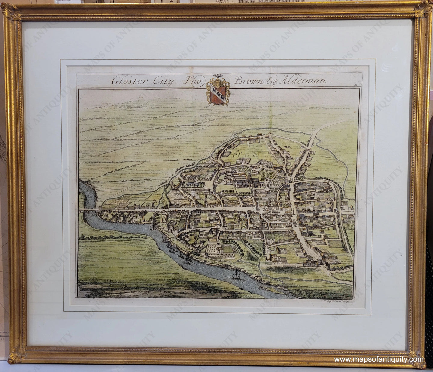 TOW770-Antique-Map-Gloster-City-Tho-Brown-Alderman-Johannes-Kip-Gloucester-England-UK-Cotswolds-Gloucestershire-1712-Maps-Of-Antiquity-1700s-18th-century