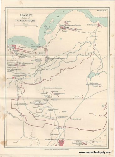 Genuine-Antique-Map-Hampi-Ruins-of-Vijayanagar-India--Indian-Subcontinent--1910-Murray-Maps-Of-Antiquity-1800s-19th-century