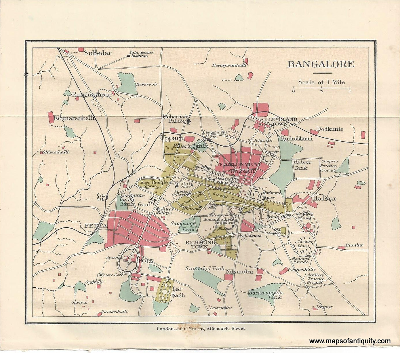 Genuine-Antique-Map-Bangalore--India--Indian-Subcontinent--1910-Murray-Maps-Of-Antiquity-1800s-19th-century