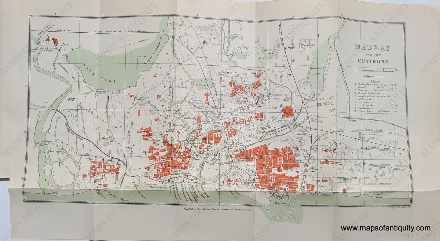Genuine-Antique-Map-Madras-and-the-Environs-India--Indian-Subcontinent--1910-Murray-Maps-Of-Antiquity-1800s-19th-century