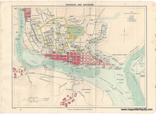 Genuine-Antique-Map-Rangoon-and-Environs-Myanmar--Southeast-Asia-Indonesia--1910-Murray-Maps-Of-Antiquity-1800s-19th-century