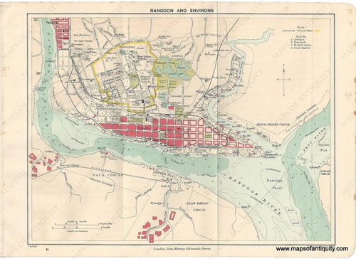 Genuine-Antique-Map-Rangoon-and-Environs-Myanmar--Southeast-Asia-Indonesia--1910-Murray-Maps-Of-Antiquity-1800s-19th-century